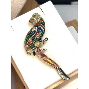 Vintage Gold Tone Parrot Brooch With Rhinestones & Colorful Enamel 3" Long